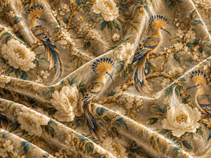 Tela de Tapicería con Estampado de Aves y Flores sobre Fondo Crema para Reupolsterizar Sillas de Comedor - Product Image 5