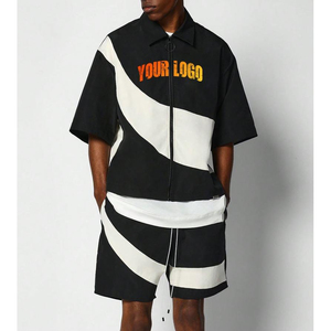 Conjunto de Camisa y Pantalones Cortos con Cierre de Cremallera para Hombre, Diseño Color Block, Secado Rápido, Poliéster, Estilo Urbano, Ropa de Verano, Logotipo Personalizado, Estampado Frontal - Product Image 1
