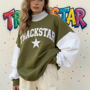 Olive Green Color-Block <b>Stand</b> Mock Neck Sweatshirt Trackstar Printed Unisex Pullover Heavyweight Fleece Breathable Streetwear - Product Image 1