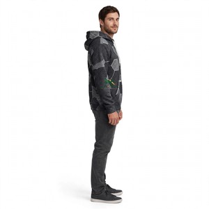 <b>Men</b> Charcoal <b>Grey</b> Honeycomb Hexagon Pattern Hoodie Textured Geometric Print Cotton Fleece Casual Winter Streetwear Pullover Tops - Product Image 2
