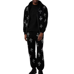 Conjunto Deportivo de Hombre con Sudadera con Capucha Negra y Cierre Completo, Diseño con Pedrería Cruzada, Pantalones Jogger, Estilo Urbano, Dos Piezas - Product Image 1