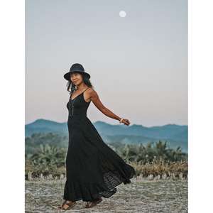 Robe longue noire bohème pour femme, bretelles spaghetti, robe d'été fluide, tenue décontractée pour les vacances - Product Image 4