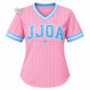 Camiseta Deportiva Personalizada para Mujer, Cuello en V, Franjas Rosas y Azules, Bordada, para Equipo, Marca Privada, Fabricante OEM - Product Image 1