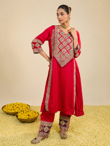Conjunto de Kurta de Satén de Seda Tejida Roja Aynaz - Product Image 3