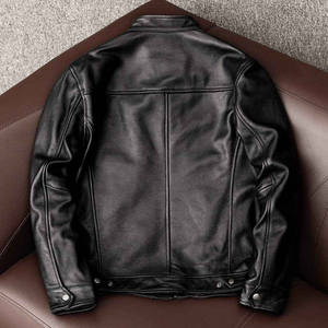 Men's <b>Black</b> Genuine Leather Moto <b>Jacket</b> Stand Collar Zipper Closure Regular Fit Solid Color Autumn Wear - Product Image 3