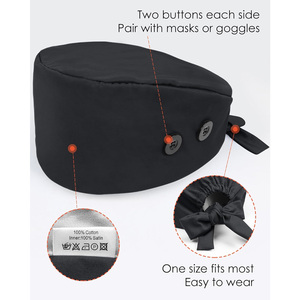 Drain Sports Black Polyester/Cotton Surgical <b>Cap</b> with Button and Tie Back for Unisex Hospital <b>Scrub</b> Uniforms - Product Image 5