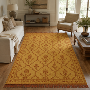 Tapis en laine Ocre Doré à motif floral en treillis, motif botanique rouille, bordure décorative en vigne, franges, antidérapant, écologique pour salon - Product Image 3