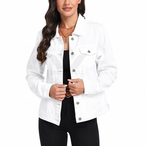 Custom Women's White <b>Denim</b> <b>Jacket</b> Button Front Long Sleeve Casual Jean <b>Jacket</b> with Chest Flap Pockets Wholesale - Product Image 1