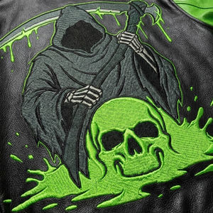 Chaqueta de Invierno Personalizada para Hombre, con Bordado de Calavera de Grim Reaper, Estilo Urbano, Negra y Verde, de Cuero Genuino, con Cuello Mao, Resistente al Viento - Product Image 6
