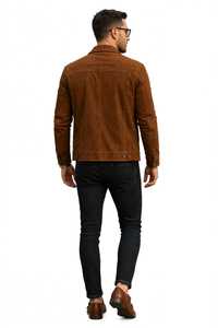 ONETEN <b>Men</b> Brown <b>Suede</b> <b>Jacket</b> Turn Down Collar Button Front Chest Pockets Casual Autumn Coat - Product Image 5