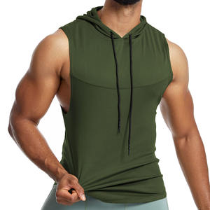 Débardeur à capuche sans manches pour homme, vert olive, séchage rapide, tricoté, sportif, couleur unie, pour l'entraînement - Product Image 1