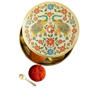 Elegant Parrot Printed Design <b>Metal</b> Brass Masala Dabba Spice <b>Box</b> with Floral Engraved Lid Handmade Kitchen Storage Container - Product Image 6
