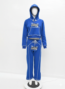 Tracksuits Men's Solid Blue Panel Work Contrast Five Thread Stitch Applique <b>Embroidery</b> Letters Casual Pullover Loose Bottom <b>Sets</b> - Product Image 3