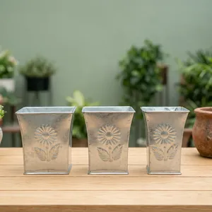 Pots à fleurs carrés en métal galvanisé, design écologique, côtelés, pour jardin extérieur, motif marguerite, pour fleurs, vert - Product Image 2
