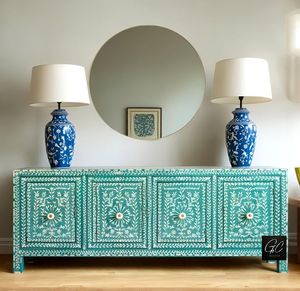 Coffre en bois fait main avec tiroirs en os incrustés, meuble de rangement pour la maison et l'hôtel, importé d'Inde - Product Image 1