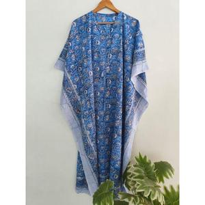 Elegante Vestido Kaftán de Algodón con Estampado Floral Azul, Estilo Bohemio, Holgado, Informal, Largo, para Mujer - Product Image 5