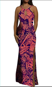 Vestido de Noche Rojo sin Mangas Personalizado de Alta Calidad con Diseño Tribal Samoano Polinesio de Gota de Agua, Vestido Maxi Ajustado con Abertura - Product Image 3