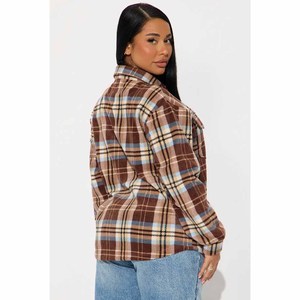 Custom Logo Women <b>Flannel</b> Shirt Oversized Plaid Button Down Shacket Casual Soft Cotton Checkered Jacket <b>Tops</b> with Pockets - Product Image 2