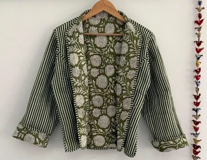 Indian Handmade <b>Knitted</b> Cotton Quilted Reversible <b>Animal</b> Print Turn-down Collar Three Quarter Sleeve Pullover Women's Winter - Product Image 2