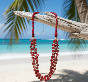 Collar matinee hecho a mano con botones rojos de hueso Rumba, detalles en ivorine y cierre de mosquetón ajustable. - Product Image 5