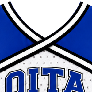 Haut court de cheerleading sans manches bleu roi et blanc pour femme, col en V, uniforme de performance athlétique pour équipe, tenue de compétition sportive - Product Image 3