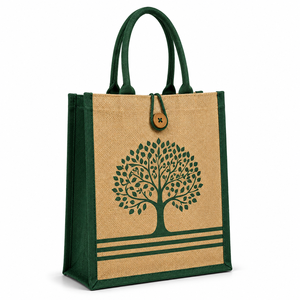Jute Shopping <b>Bag</b> <b>Medium</b> <b>Size</b> Tree Pattern Green Handles Button Closure Groceries Tote - Product Image 1