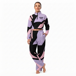Customizable <b>Women</b> Matching Two Piece <b>Outfit</b> Crop Top Quarter Zip High Neck Stand Collar Top And Wide Leg <b>Jogger</b> Pant - Product Image 5