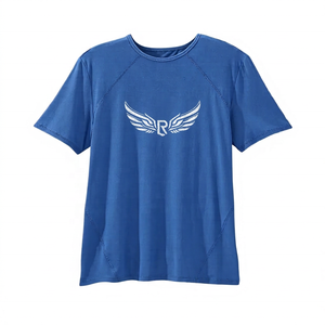 เสื้อยืดแขนสั้นผู้ชายสีน้ำเงิน พร้อมโลโก้รูปปีก ทรงปกติ ผ้าเจอร์ซีย์แห้งเร็ว คอกลม สไตล์ลำลอง - Product Image 1