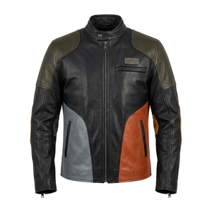 Mens Multi Colorblock Leather Biker Jacket Olive <b>Green</b> Rust Orange Grey Panel Elbow Patch Snap Collar <b>Motorbike</b> Apparel - Product Image 1