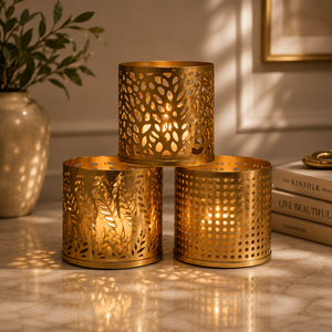 Luxury Gold Candle Holder Set Elegant Cutwork <b>Lantern</b> Decor for Warm Ambient Lighting and Modern Home Styling - Product Image 1