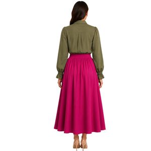 Ensemble chemisier brodé et jupe longue taille haute pour femme, couleur olive et fuchsia, manches longues, boutonnage, tenue modeste deux pièces OEM - Product Image 2