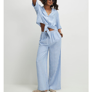 Ensemble de détente pour femme en tissu régulier 100 % coton à rayures, séchage rapide, vêtements d'été, chemise boutonnée et pantalon - Product Image 1