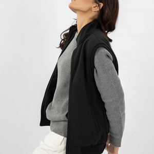 Women Black Sleeveless <b>Vest</b> Stand Collar Zipper Closure Solid Color PU Leather Outerwear Regular Length Minimalist Style - Product Image 3