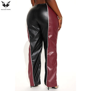 Pantalon en cuir bicolore bordeaux et noir tendance, pantalon taille haute pour femme avec fermeture éclair et empiècements rayés en similicuir PU, tenue de club sexy - Product Image 4