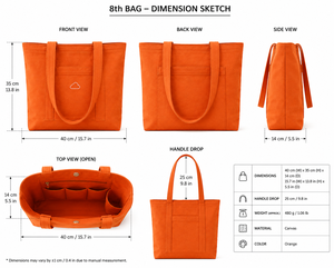 Sac fourre-tout en toile orange avec broderie nuage, design minimaliste, fermeture personnalisée, idéal pour les voyages et le shopping, toutes saisons - Product Image 2