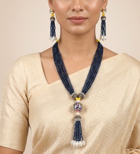 Luxury Royal <b>Blue</b> Brass Multi Layer Beaded Bohemian <b>Necklace</b> Set Tassel Pendant Matching Earrings Gold Plated Traditional Bridal - Product Image 1