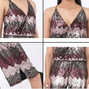 Womens Embroidered <b>Sequin</b> Halter Neck 2 Piece Shorts Set Long Sleeveless | V Neck Wide Leg Elegant Formal Party Wear Outfit Chic - Product Image 3