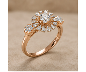 Anillo de Compromiso Floral, Chapado en Oro Rosa de 14K, Corte Brillante, Solitario, Diamante Sintético Cultivado en Laboratorio, Halo de Flores, Propuesta de Matrimonio - Product Image 4