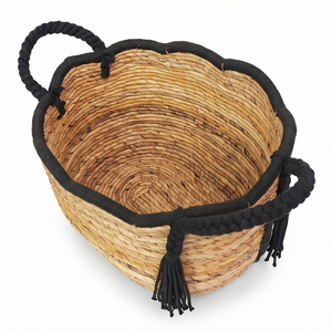 Cesta de almacenamiento de jacinto de agua natural con borlas negras, organizador de baño festoneado tejido a mano, contenedor con logotipo personalizado, venta al por mayor - Product Image 3