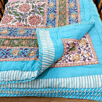 Edredón Kantha 100% Algodón Estampado a Mano, Colcha India Rajai, Tamaño Queen, Ecológico, Lavable, Suave