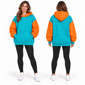 Women's Oversized Hooded Sweatshirt Color Blocked Turquoise <b>Orange</b> <b>Fleece</b> Pocket Design Autumn Casual Streetwear - Product Image 1