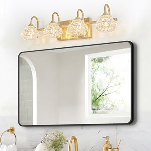 Lampada da Bagno Moderna in Cristallo da 23 Pollici, Elegante Illuminazione a Parete con 4 Applique Dorate e Paralumi in Vetro Trasparente - Product Image 1