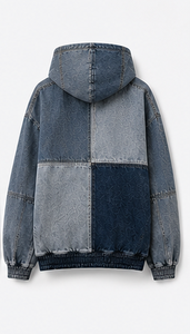 Men's Denim Hooded Patchwork Design With Kangaroo Pocket Regular Fit Autumn Style - Product Image 2