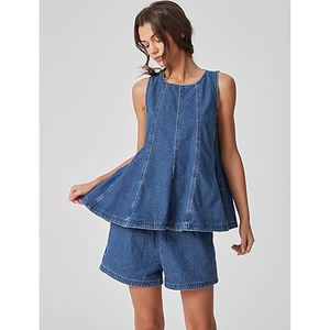 Chemises et shorts en jean pour femmes, hauts boutonnés, ensembles décontractés chemise et short, ensembles en jean très demandés, jupes portefeuille d'été - Product Image 1