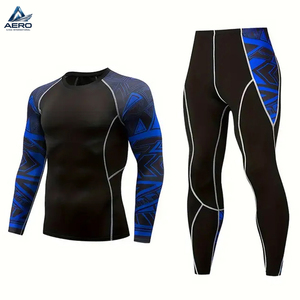 Vêtements de sport compressifs noirs et bleus en 2 pièces pour MMA et boxe, sublimation personnalisée disponible, ensemble haut et leggings de qualité supérieure - Product Image 1