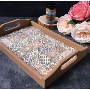 Plateau de service rectangulaire en bois de manguier fait main avec incrustation florale en émail, plateau décoratif pour table basse avec poignées intégrées - Product Image 3