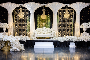 Designer Wooden Jali <b>Frames</b> Stage Setup For Reception Night Luxury Indian <b>Wedding</b> Stage With Carved Wooden Sofa Switzerland - Product Image 5