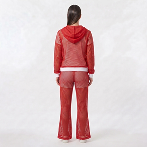 Conjunto de chándal de malla transparente para mujer con sudadera con botones y pantalones acampanados, ideal para discoteca de verano - Product Image 3