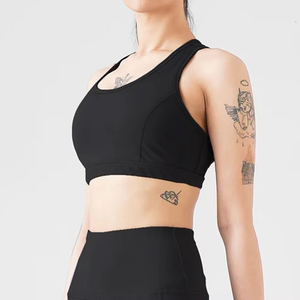 Soutien-gorge de sport noir pour femme, col montant, maintien optimal, haut de fitness, couleur unie, style sportif - Product Image 2