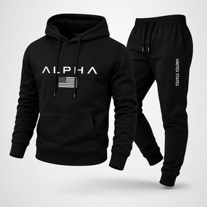 Alpha Usa Conjunto de Sudadera con capucha y pantalones para hombre Chándal informal negro con estampado de bandera americana Ropa de otoño Conjunto de 2 piezas Tallas grandes - Product Image 1